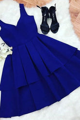 Vestidos de fiesta cortos azul marino con escote en V y corte en A, modelo PD348