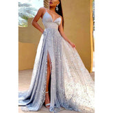 Robe de soirée trapèze en tulle, col en V, sans manches, avec perles