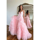 A Line V Neck Tulle Ruffles Pink Homecoming Dress Long Homecoming Court Dress