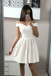 Vestido corto de fiesta de bienvenida blanco con tirantes finos, corte en A, satén, PD249