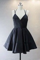 A Live V Neck Satin Short Black Prom Dress Homecoming Dresses PD156