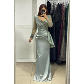 Vestido de noche largo formal con lentejuelas y escote en V sexy y mangas largas