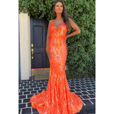 Robe de soirée sirène/trompette à col en V et paillettes, fermeture éclair, sans manches