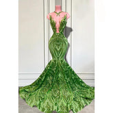 Vestido de fiesta de corte trompeta/sirena con escote en V profundo brillante, sin mangas, lentejuelas y volantes