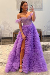 Off the Shoulder Tulle Tiered A-Line Long Corset Prom Dress with Feather