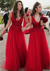 Baoleely Sexy V-neck Beads Appliques Cheap Red Bridesmaid Dresses