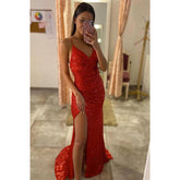 Vestido de fiesta de sirena plisado con lentejuelas rojas y escote en V sexy con abertura