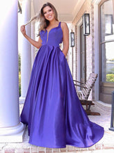 Robe de bal longue violette trapèze à col en V