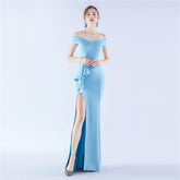 Classic Satin Off Shoulder Long Evening Dress – Elegant & Timeless