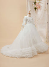 A-line Satin Tulle Court Train White First Communion Flower Girl Dress