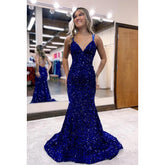 Robe de soirée sirène sexy et tendance à bretelles et paillettes, col en V, dos nu