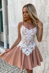 A Line Spaghetti Straps Brown Short Homecoming Dress with Appliques