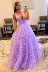Purple Deep V-Neck Tiered Prom Dress