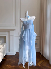 Vestido sencillo de fiesta de bienvenida con tirantes finos azules y gasa Y8581