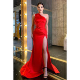 Robe de bal rouge unique à une épaule plissée, longue robe d'anniversaire