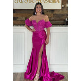 Robe de bal de fin d'année sirène/trompette, épaules dénudées, manches courtes, fente latérale, en satin