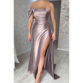 Vestido de noche largo formal con hombros descubiertos, plisado y abertura lateral