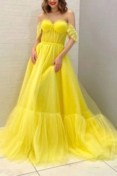 A Line Off the Shoulder Yellow Corset Prom Dress
