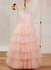 A-line Lace Tulle Floor-length Pink Dress (010220942)