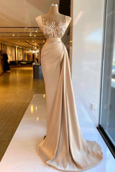 Amazing Column Satin Sleeveless Prom Dress with Lace and Pearls
