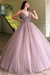 Amazing Long Ball Gown V-neck Tulle Prom Dress with Beading