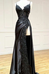 Amazing Long Black V-neck Spaghetti Straps Lace Sleeveless Evening Party Gowns Long Slit Online