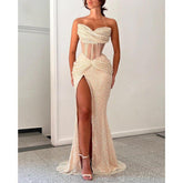 Robe de soirée champagne à broderies perlées et bustier attrayante