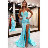 Robe de bal attrayante à col en V, appliques en dentelle et paillettes avec fente