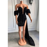 Robe de bal scintillante à paillettes et manches courtes et col en V pour filles noires