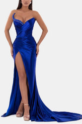 Sexy V-Neck High Slit Pleated Strapless Royal Blue Prom Dress