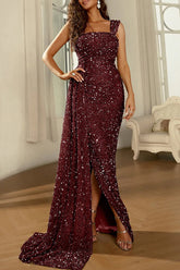 Vestidos de noche sexys, formales, lisos, con lentejuelas, abertura y cuello cuadrado.