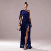 One-Shoulder Long Sleeve Slit Gown – Elegant Evening Dress