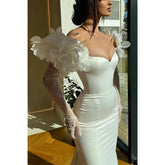 Vestido de noche de fiesta con escote en forma de trompeta, manga larga y adornos florales