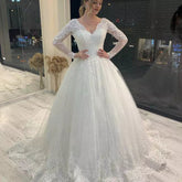 Romantic V-Neck Wedding Dress 2022 Lace Appliques Tulle Vestidos De Noiva Full sleeve Backless Bridal Gown Custom Robe De Mariee