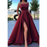 Vestido de noche largo de satén con tirantes finos y corte A para graduación con abertura