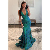 Robe de soirée longue verte à paillettes, style sirène et trompette