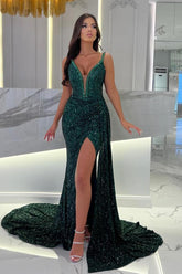 Dark Green Sequins Evening Dress Mermaid With Split Sleeveless