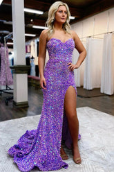 Robe de bal longue sirène à sequins violets scintillants avec fente
