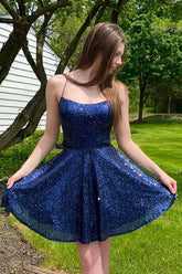 A Line Halter Navy Sequins Short Homecoming Dress with Criss Cross Back