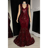 Vestido de fiesta de sirena con apliques de lentejuelas y escote en V sexy para chica negra para Slay