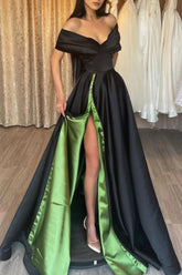 A Line Off the Shoulder Black Green Long Prom Dress with Split Front