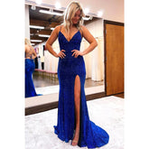 Vestido de fiesta sexy con escote en V y abertura brillante