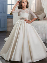Ball Gown Lace Satin Sweep Brush Train Wedding Birthday Pageant Flower Girl Dresses with Sleeves