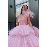 Robe de bal longue en tulle rose à une épaule, robe de soirée formelle