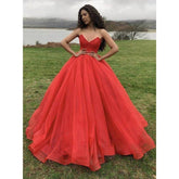Robe de bal longue en tulle rouge à col en V, robe de soirée formelle