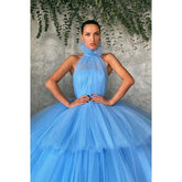 Robe de bal longue en tulle bleu ciel à col haut et robe de soirée formelle