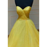 Robe de bal longue plissée en tulle jaune, décolleté en cœur, robe de concours