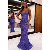 Vestido de noche para fiesta de graduación, sexy y brillante, con tirantes finos, escote en V, espalda descubierta y lentejuelas