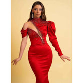 Robe de soirée élégante rouge en satin à col haut et manches longues Uniqe