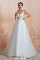 Beautiful Bateau Neck White Wedding Dress Sparkly Sequins Lace Bridal Gown